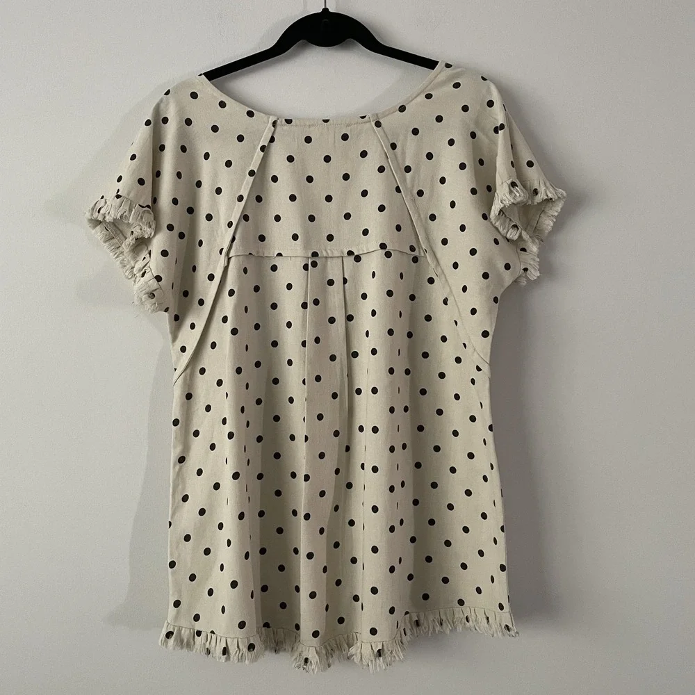 Umgee Linen Cotton Polka Dot Boxy Top Ivory Size S Canvas Fringe Twee Oversized - Picture 2 of 12